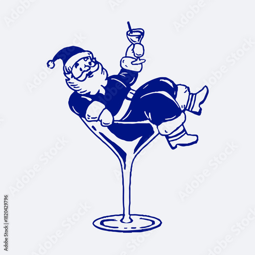 Playful Santa lounging inside a martini glass, wearing trendy heart-shaped glasses and raising a cocktail. A modern, party-ready Christmas illustration with fun holiday vibes.
