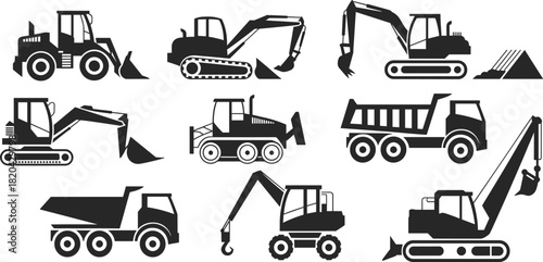 Heavy construction machinery silhouettes, set of nine monochrome vector icons including excavators, dump trucks, and loaders, earthmoving equipment graphic.