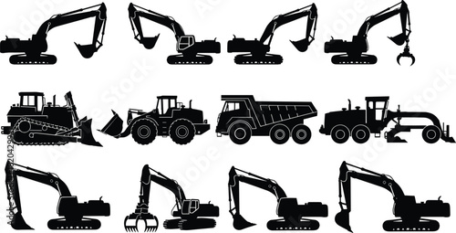 Heavy earthmoving machinery set, twelve black and white silhouettes of excavators, bulldozer, dump truck, and grader, construction equipment icons.