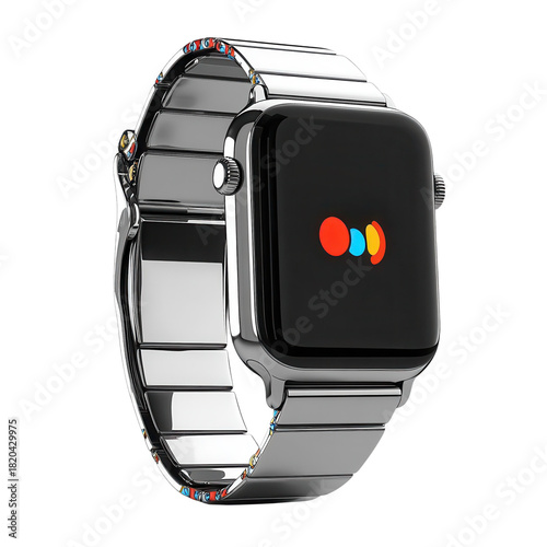 Silver Smartwatch Mockup with Assistant App Display on Black Background Wearable Tech on transparent background