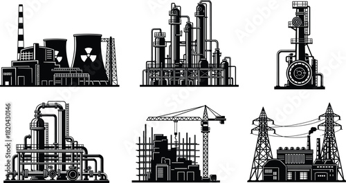 Industrial and power plant silhouettes, six monochrome icons of nuclear, chemical, refinery facilities, and high-voltage transmission towers.