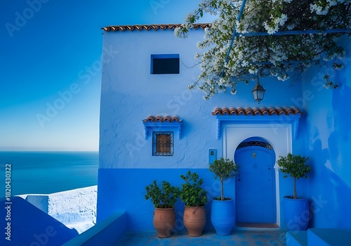 Blue house with white flowers and ocean view in chefchaouen
