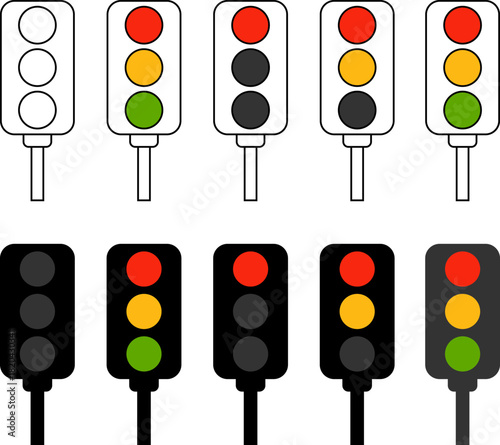 Collection of traffic signal lights showing different states