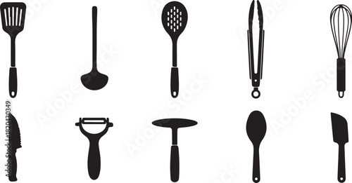 Set of Black Silhouette Icons for Kitchen Utensils and Cooking Tools spatula ladle