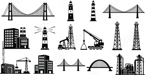 Infrastructure and industrial building silhouettes set, fifteen icons of bridges, lighthouses, factories, oil rigs, and power towers, engineering graphic.