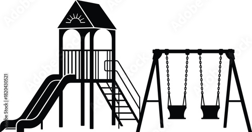 Playground equipment silhouette illustration, monochrome black and white icon of a slide, play structure, and swing set, park and recreation graphic.