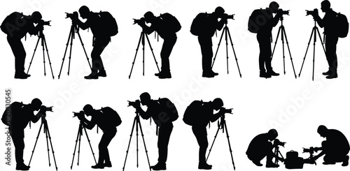 Photographer silhouettes set, ten monochrome icons of backpackers using cameras and tripods for outdoor and travel photography, professional graphic.