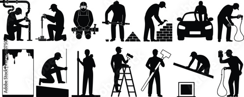 Set of construction and maintenance workers silhouettes, fourteen monochrome icons of plumber, mason, painter, and automotive repair tradesmen, service graphic.