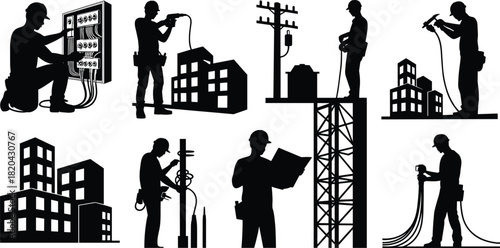 Silhouette electrical workers performing construction, wiring and maintenance tasks on buildings, power lines and industrial structures with professional tools, equipment and urban background