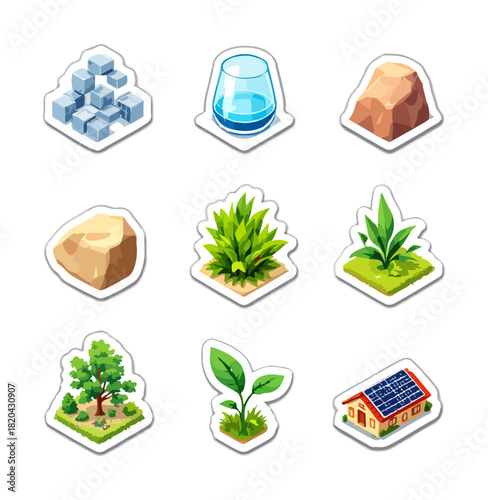 Isometric icon set illustrating natural and artificial elements