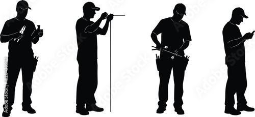 Tradesmen and service workers silhouettes, four monochrome icons of repairmen using tools, level, and smartphone, maintenance and service graphic.