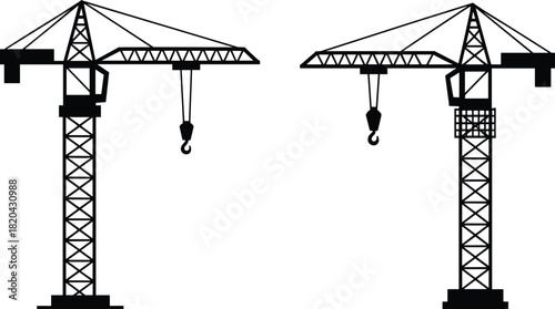 Two tower cranes silhouettes illustration, heavy lifting machinery icons for large construction projects, building, and industrial development graphic.