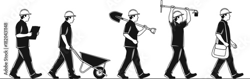 Walking construction workers silhouettes, five monochrome icons of laborers with wheelbarrow, shovel, and surveying tools, building and planning graphic.