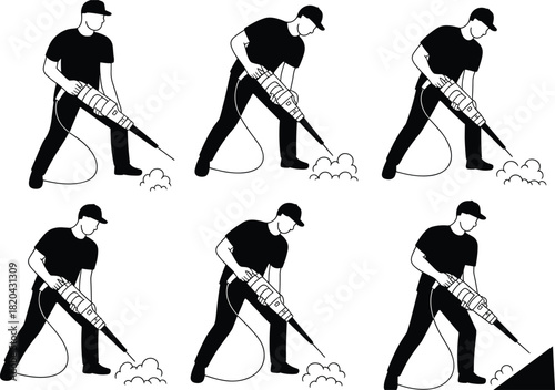 Worker using a jackhammer illustration, six monochrome black and white silhouettes, man drilling concrete pavement, road repair, construction, and demolition work icon.