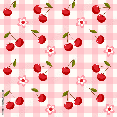 Seamless Fruit Pattern With Red Cherries on Pink Checkered Texture