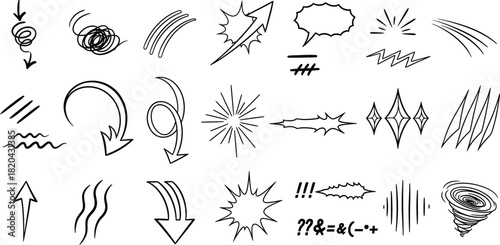 Hand drawn arrows and comic effects vector set doodle sketch illustration eps silhouette