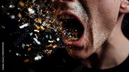 Close-up of a person screaming, releasing a burst of confetti from their mouth; concept of emotional release and frustration at the end of the year