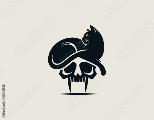 Contrasting black vector graphic showing a calm, sleek cat resting peacefully atop a dramatically styled, intimidating skull with sharp fang-like teeth.