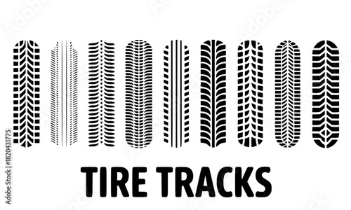 Tire Tracks Vector Set, Various Black Car and Vehicle Tread Marks, Grunge Transportation Design Elements
