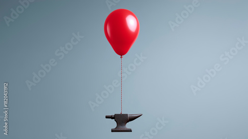 A red helium balloon attached to a heavy, rising anvil. Concept of financial debt