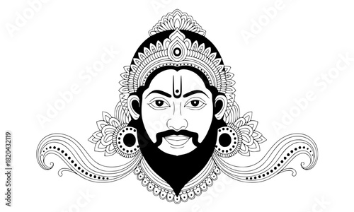 Khatu Shyam Ji Portrait Black and White Vector, Hindu God Bearded Face with Crown and Traditional Ornamentation, Indian Art