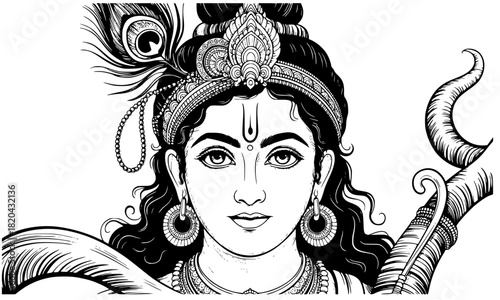 Lord Krishna Portrait Black and White Illustration, Hindu God Traditional Drawing, Indian Mythology Vector Art