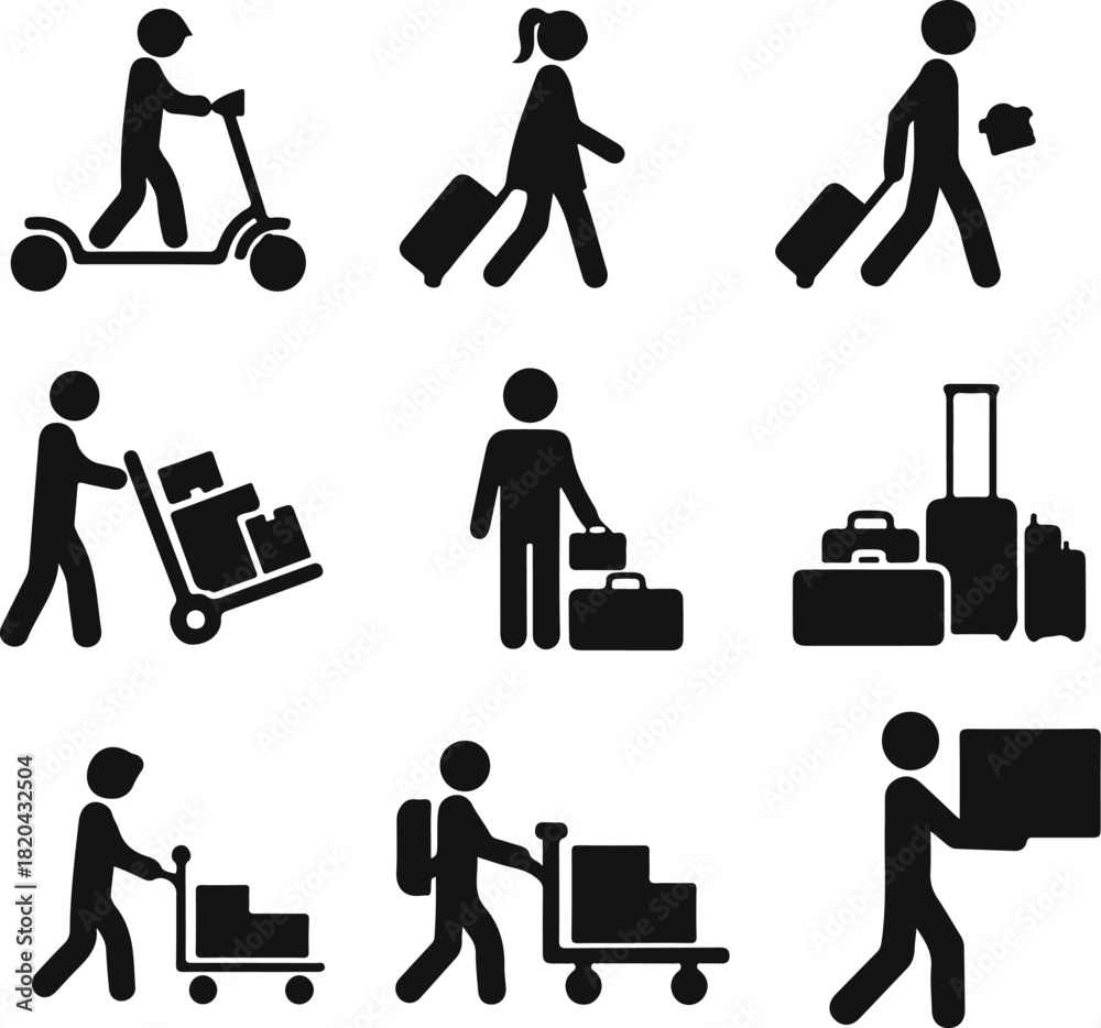 Fototapeta premium People traveling moving luggage using scooters and pushing carts icon set