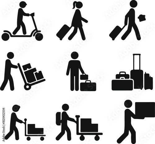 People traveling moving luggage using scooters and pushing carts icon set