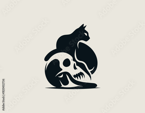 Contrasting black vector graphic showing a calm, sleek cat resting peacefully atop a dramatically styled, intimidating skull with sharp fang-like teeth.
