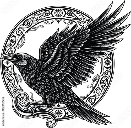 Black raven illustration with celtic knotwork circle vector artwork eps silhouette