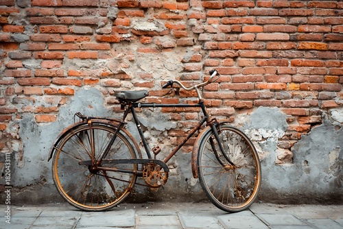 old bicycle leaning against wall