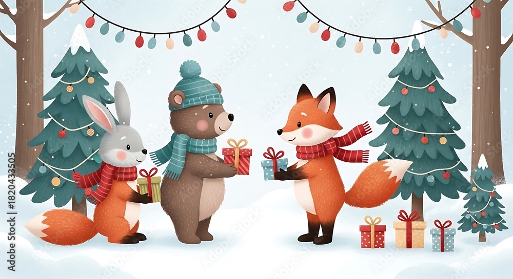 Naklejka premium Animals exchanging christmas gifts in a snowy winter forest with christmas tree lights above