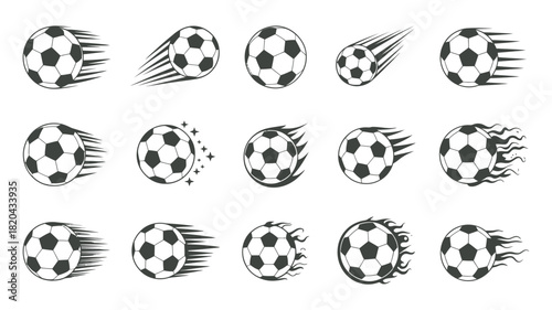 Dynamic soccer balls vector icons set with motion lines, depicting speed and action, perfect for sports events, games, athletic concepts, and competition