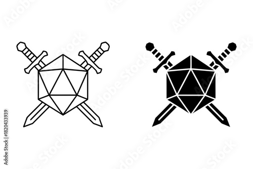 D20 dice with crossed swords vector icon for role playing game, fantasy adventure, tabletop gaming, and strategy elements isolated illustration
