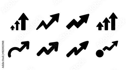 Collection of diverse black upward trending arrows representing growth, success, progress, data increase, and positive development concepts
