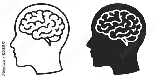 Outline and solid human head profiles with visible brains. representing intelligence, thought process, learning, memory, psychology, and cognitive function.