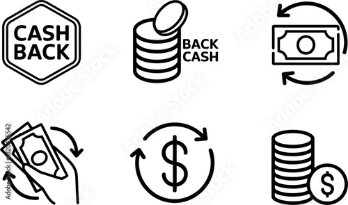 Cash back and money return icon set outline