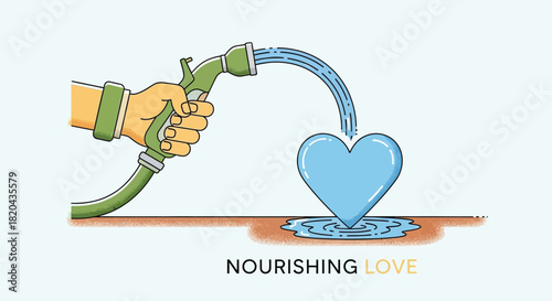 A hand holding a garden hose watering a blue heart shape with water symbolizing nurturing love and care