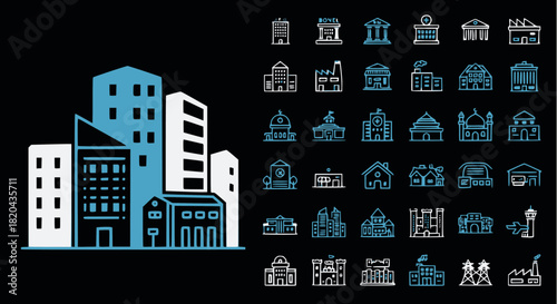 City Buildings & Architecture Icons Set: Vector collection of modern skyscrapers, commercial properties, residential homes, government buildings, and urban structures in a minimal line art style.