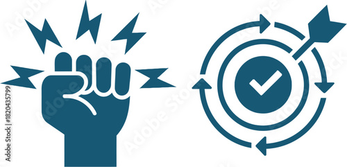 Fist power and target achievement icon set