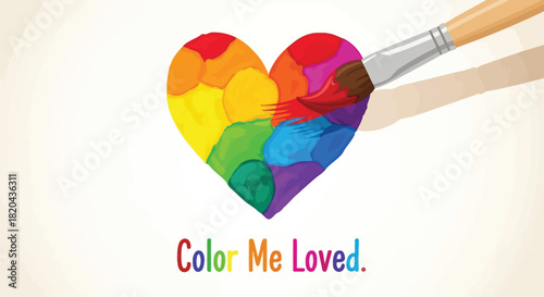 A hand holding a paintbrush adds the final strokes of vibrant rainbow colors to a heart shape on a white background