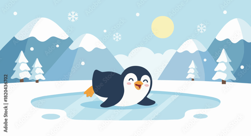 Naklejka premium Penguin Sliding on the Ice Flat vector penguin sliding happily on icy snow with mountains