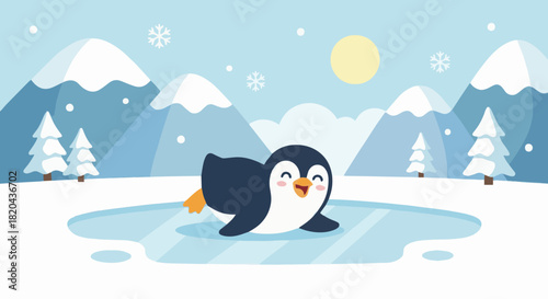 Penguin Sliding on the Ice
Flat vector penguin sliding happily on icy snow with mountains
