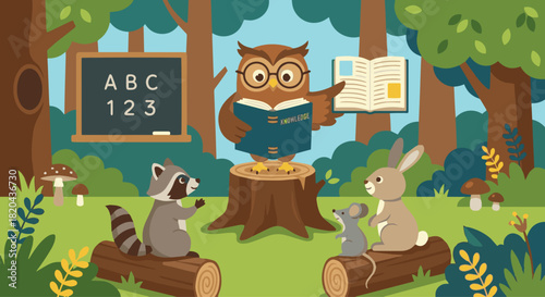 Owl Teaching Forest Animals
Flat vector wise owl wearing glasses teaching small animals
