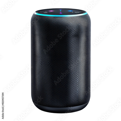 Black Smart Speaker Device with Illuminated Blue Ring and Colorful Buttons on Top Connected on transparent background