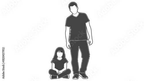 Two People One Standing and One Sitting Different Heights Black and White Illustration