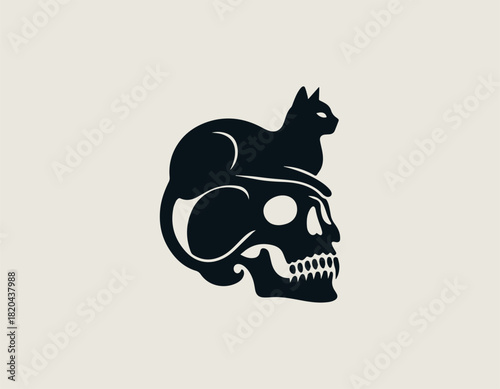 Contrasting black vector graphic showing a calm, sleek cat resting peacefully atop a dramatically styled, intimidating skull with sharp fang-like teeth.