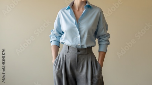Woman in light blue shirt and grey pleated pants standing against a wall