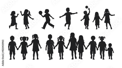 Silhouettes of children playing and holding hands in various poses