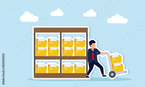 Businessman pushing a trolley filled with document folders taken from an archive shelf illustration of business company document management